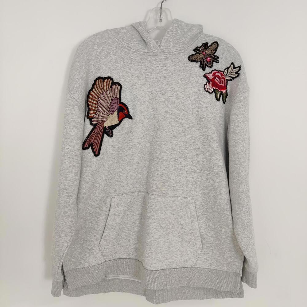 H&M Women's Flower and Bird Patch Hoodie in Gray Size Large Streetwear Grunge